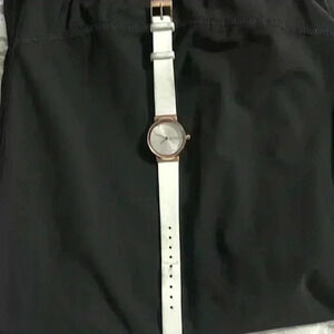 Skagen Dainty White Leather Watch with Gold Hardware and‎ “Diamond” Face details